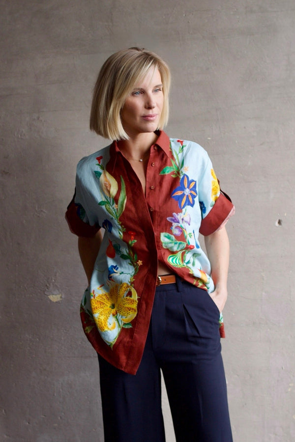 Alemais Dahlia Floral Linen Shirt - Brown/Blue