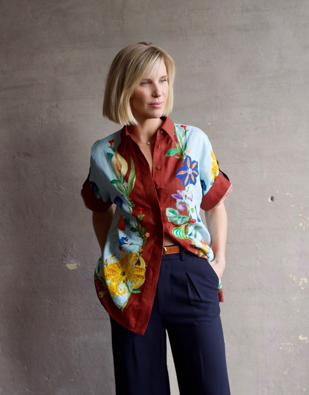 Alemais Dahlia Floral Linen Shirt - Brown/Blue
