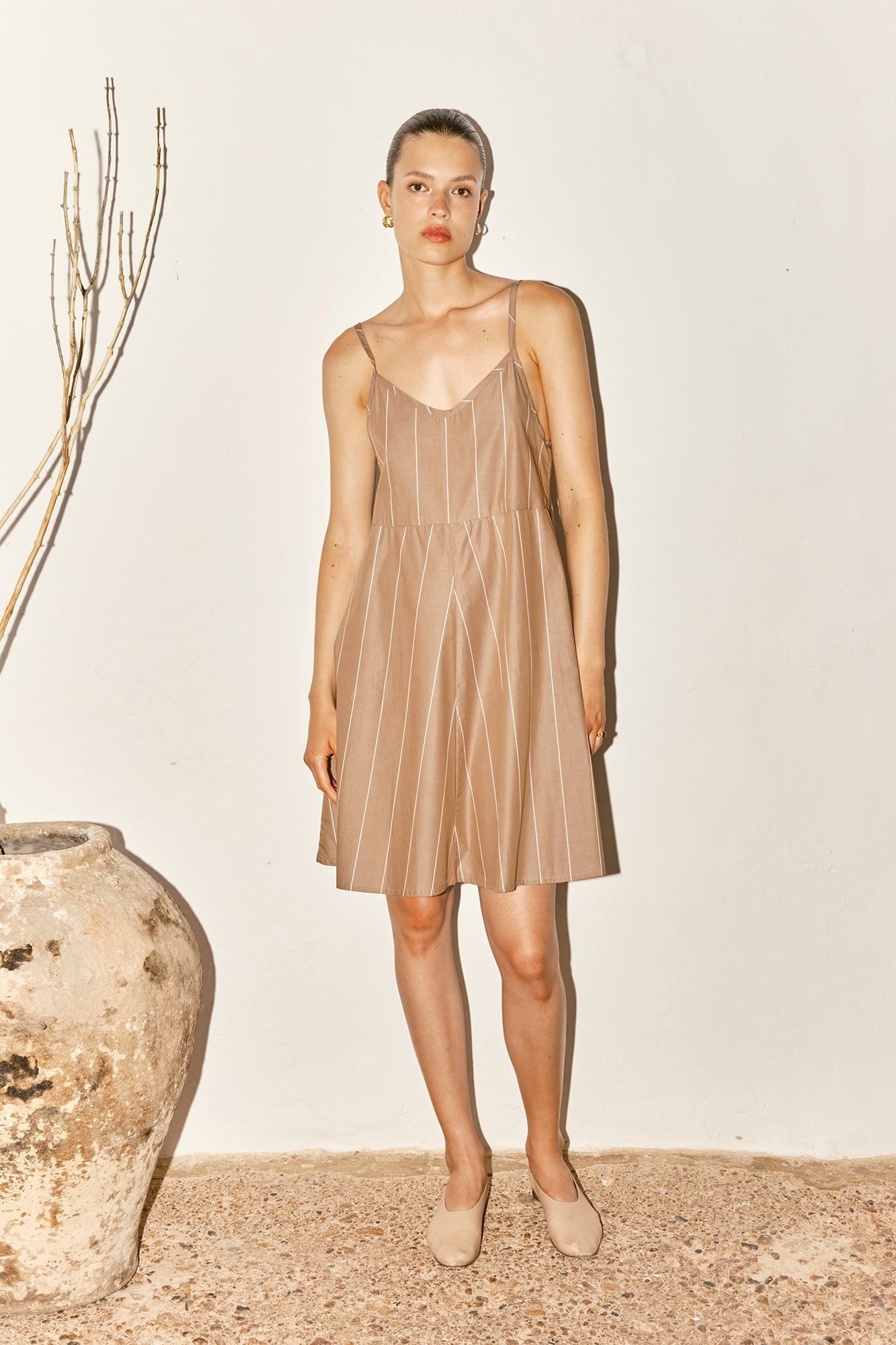 Datura Almond Striped Mini Slip Dress - Almond Brown
