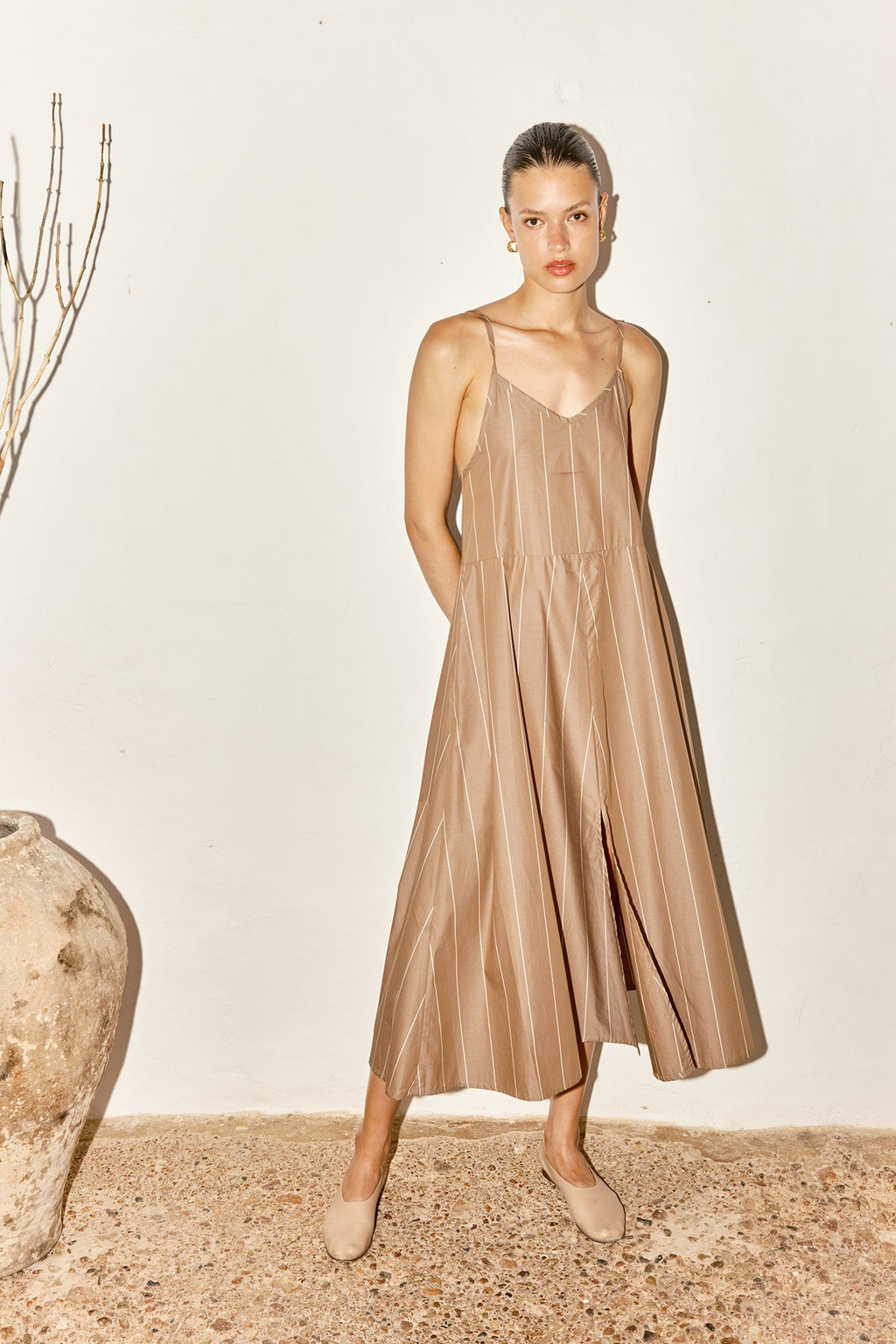 Datura Almond Striped Slip Dress - Brown