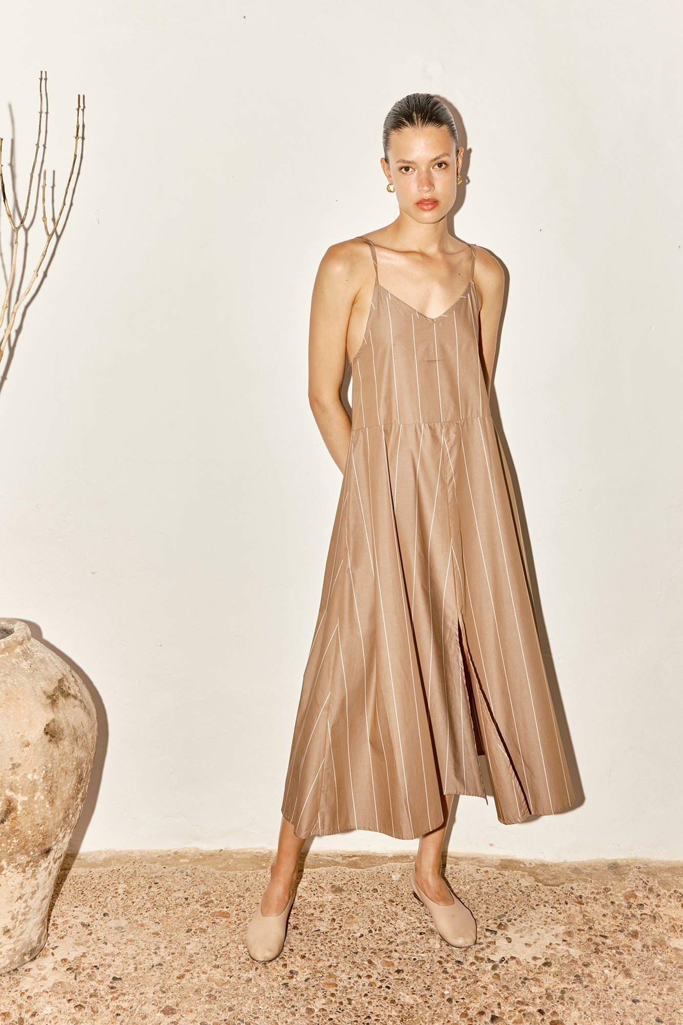 Datura Almond Striped Slip Dress - Brown