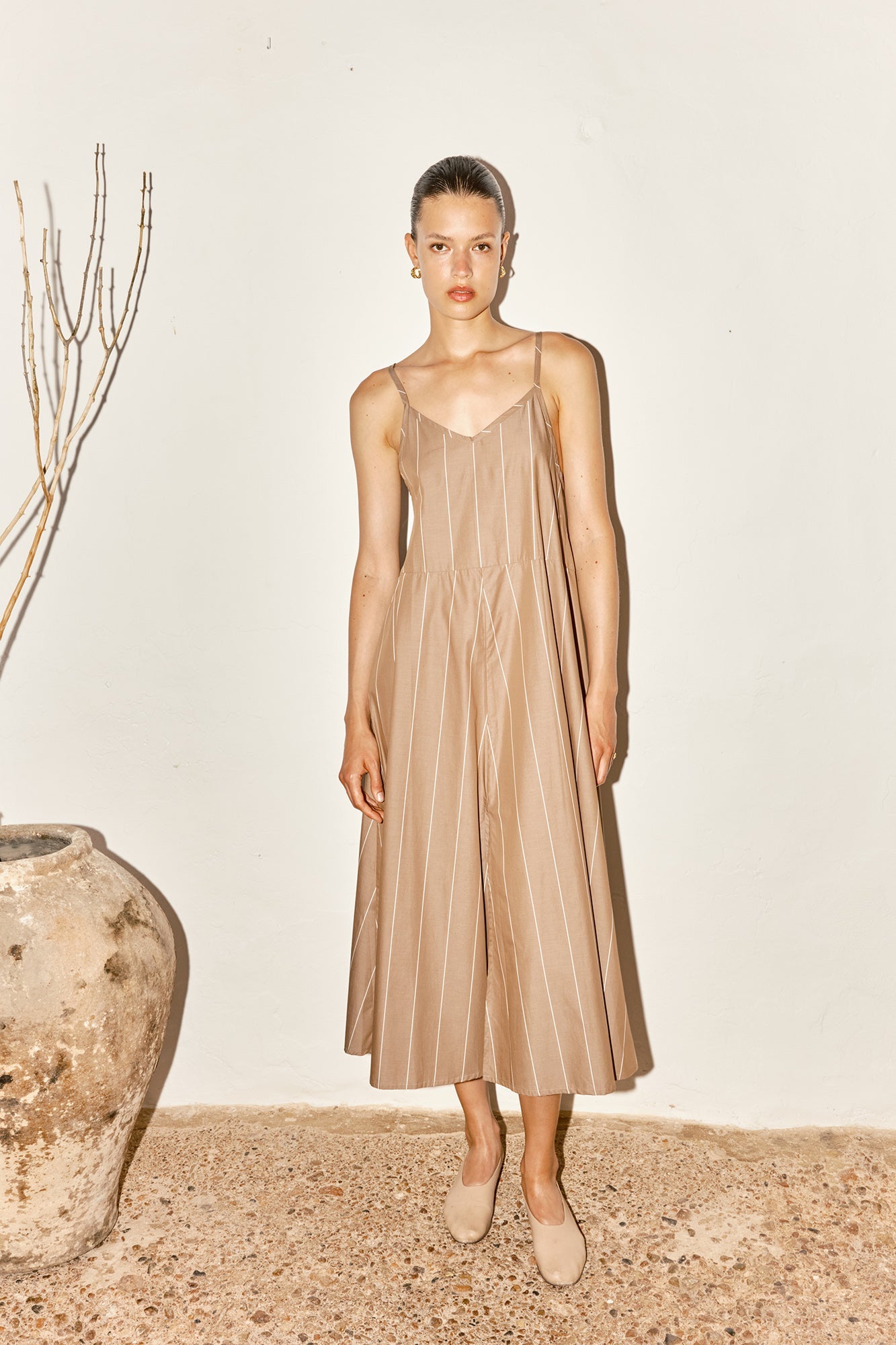 Datura Almond Striped Slip Dress - Brown