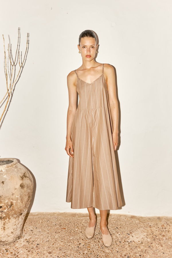 Datura Almond Striped Slip Dress - Brown