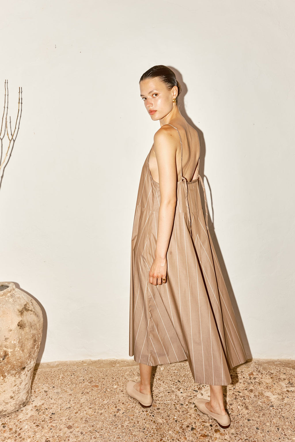 Datura Almond Striped Slip Dress - Brown