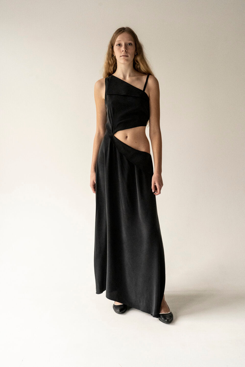 K M by L A N G E PURE SILK KATIUSHA LONG DRESS - BLACK