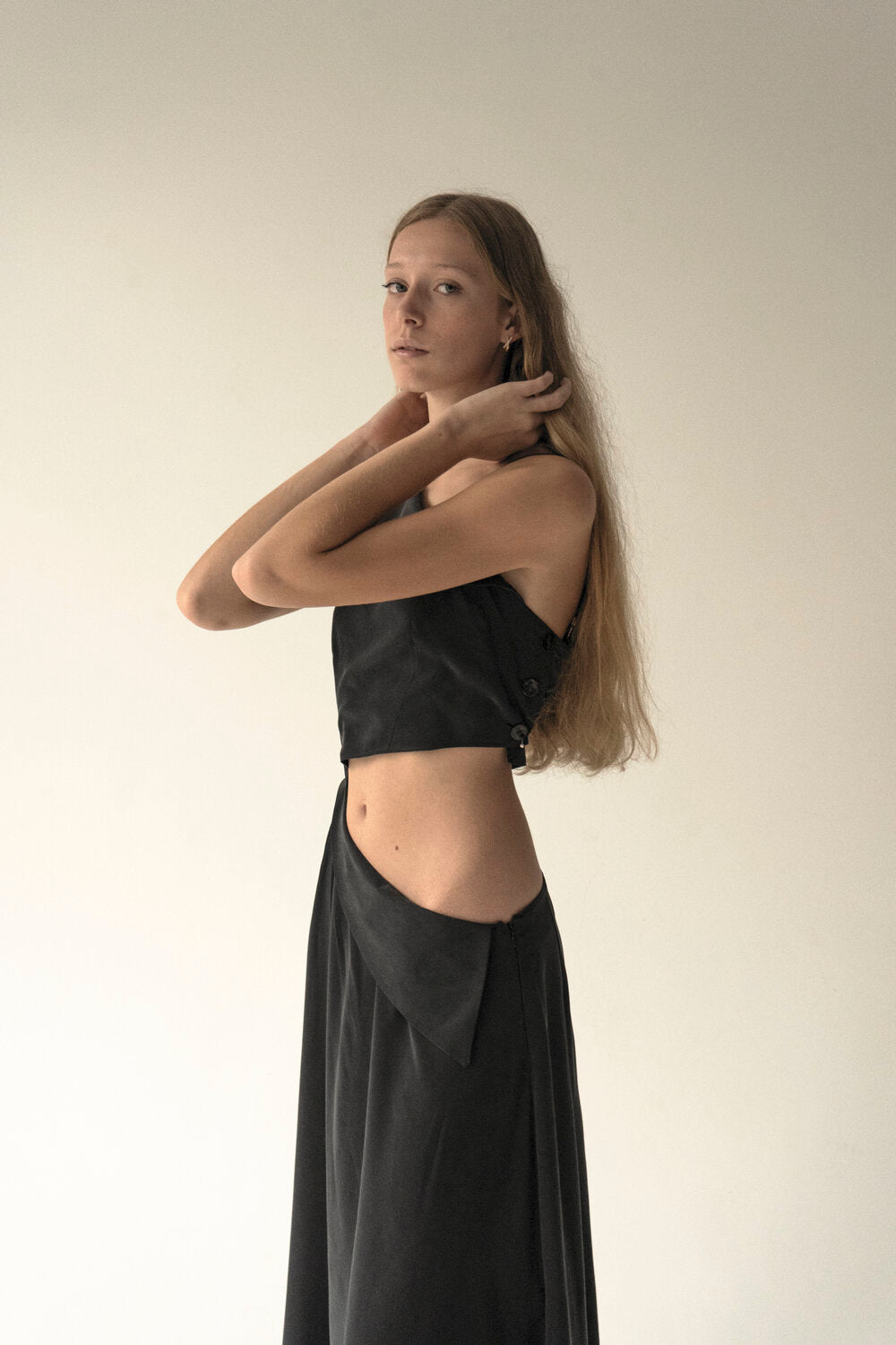 K M by L A N G E PURE SILK KATIUSHA LONG DRESS - BLACK