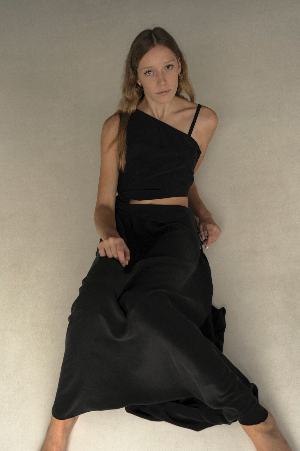 K M by L A N G E PURE SILK KATIUSHA LONG DRESS - BLACK