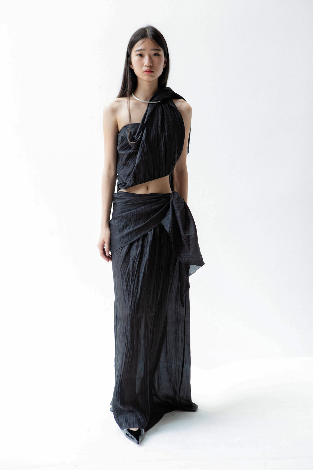K M by L A N G E Pure Silk Wrapped Long Skirt - Black
