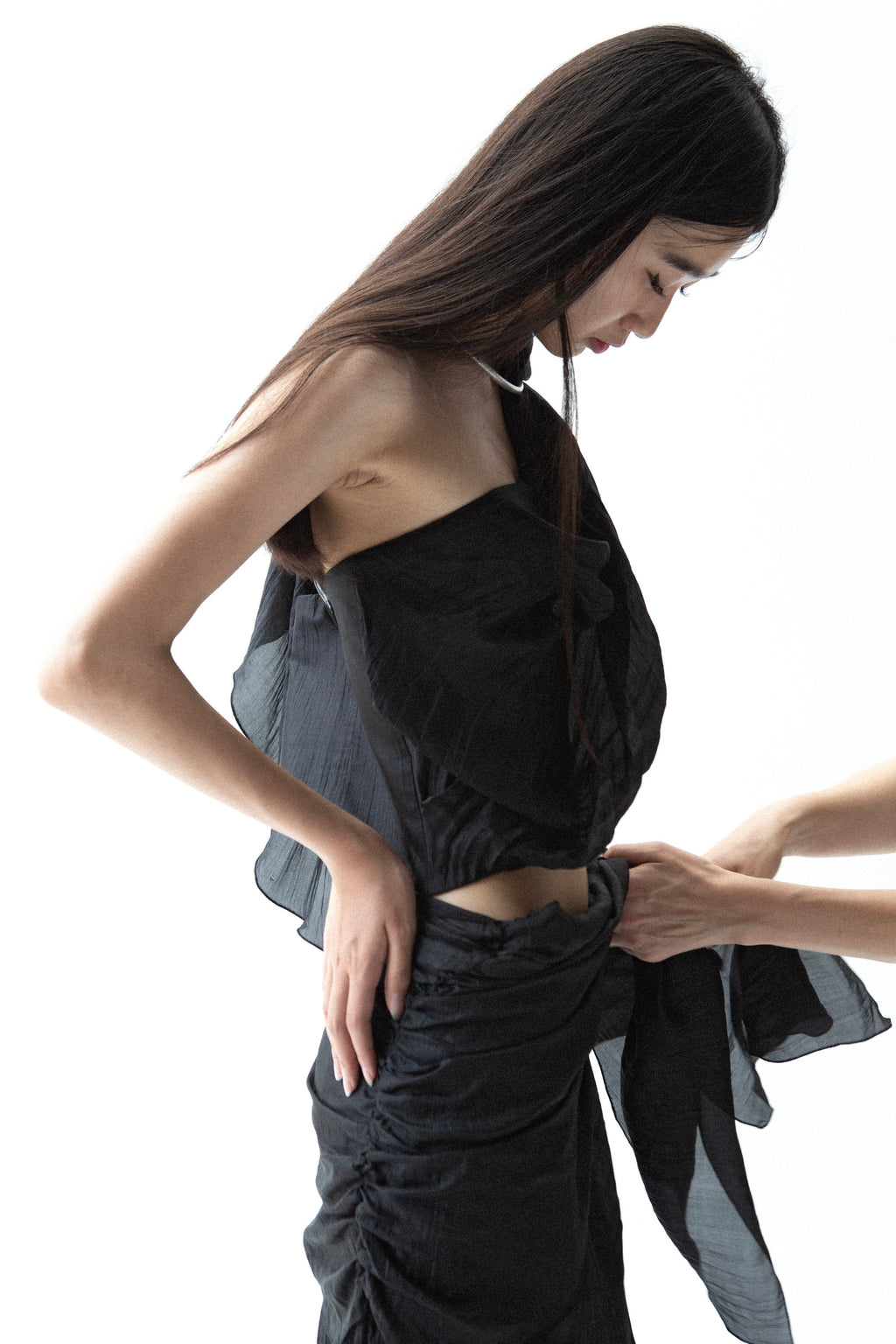 K M by L A N G E Pure Silk Wrapped Long Skirt - Black