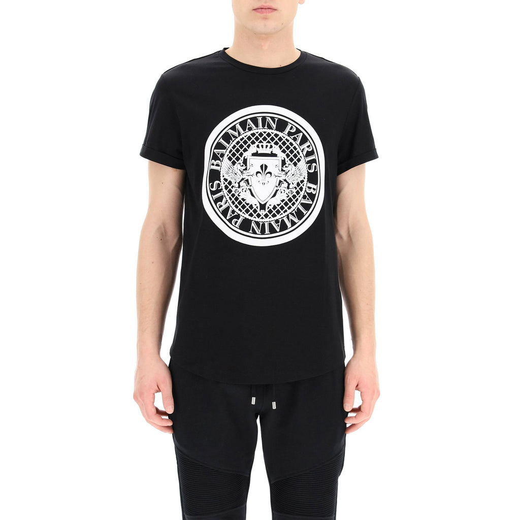 Balmain Men's Logo T-shirt w/Flock Medallion Logo - Black/White