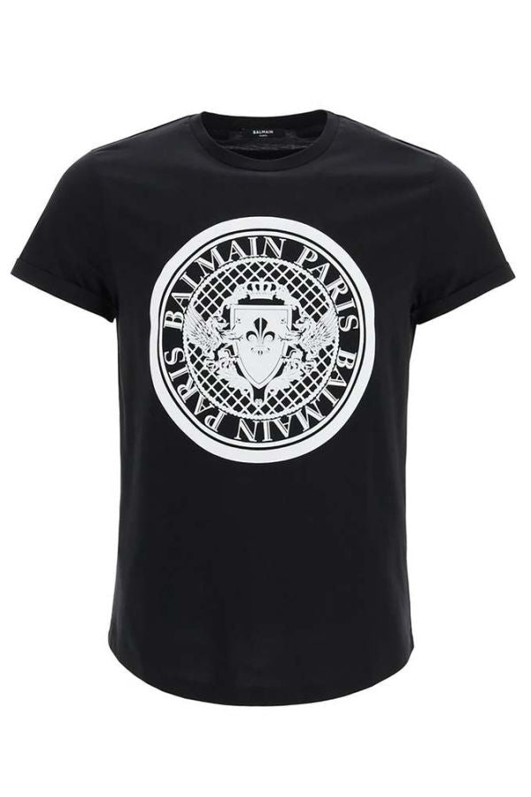 Balmain Men's Logo T-shirt w/Flock Medallion Logo - Black/White
