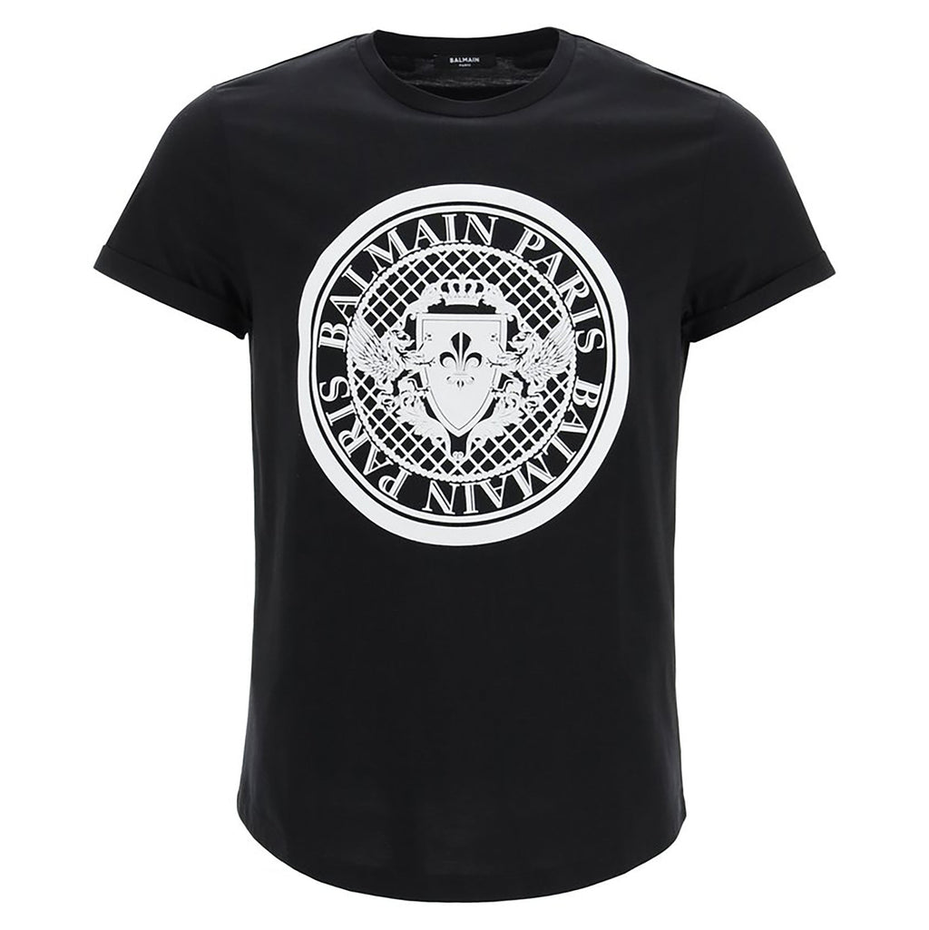 Balmain Men's Logo T-shirt w/Flock Medallion Logo - Black/White