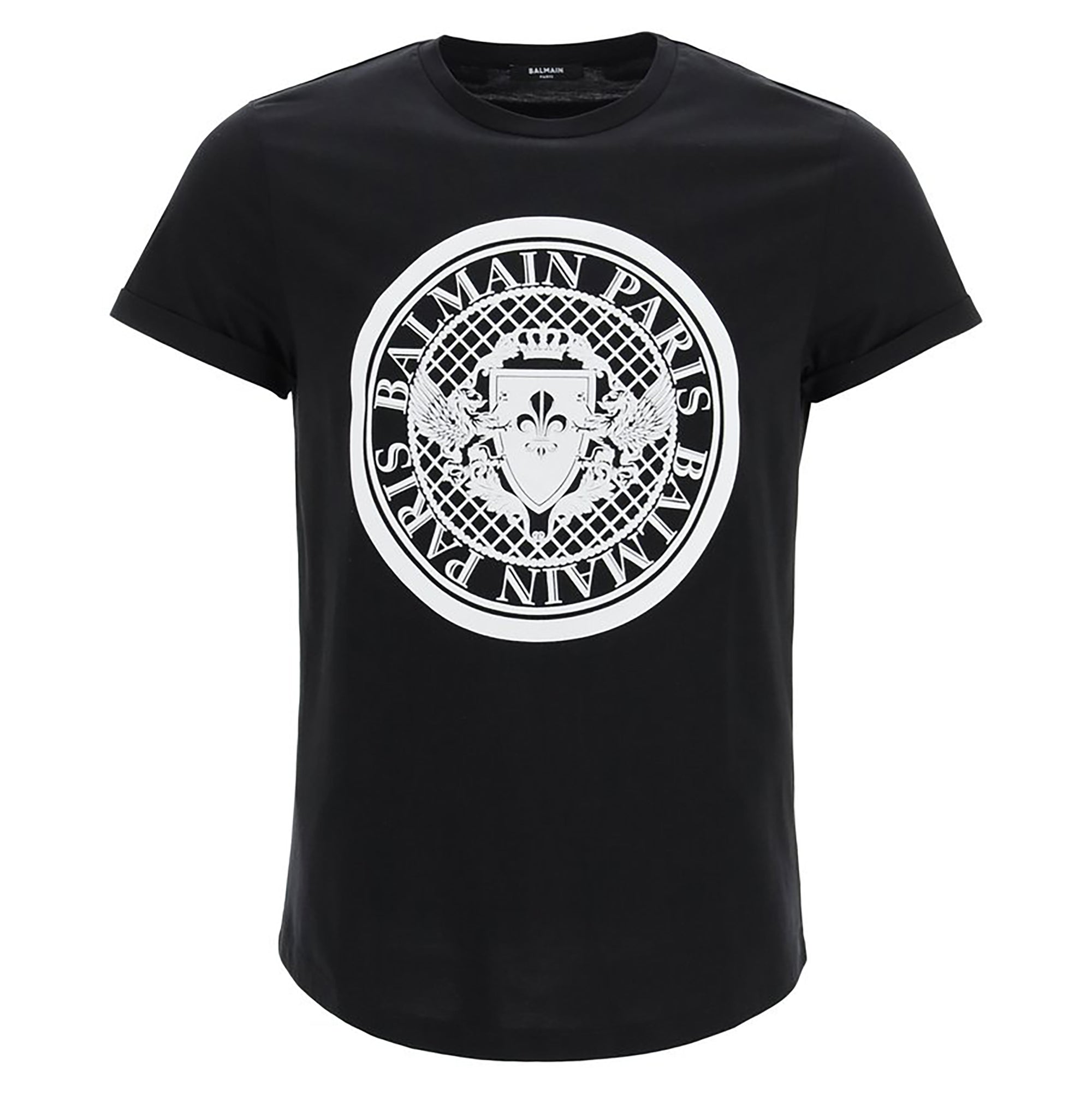 Balmain Men's Logo T-shirt w/Flock Medallion Logo - Black/White