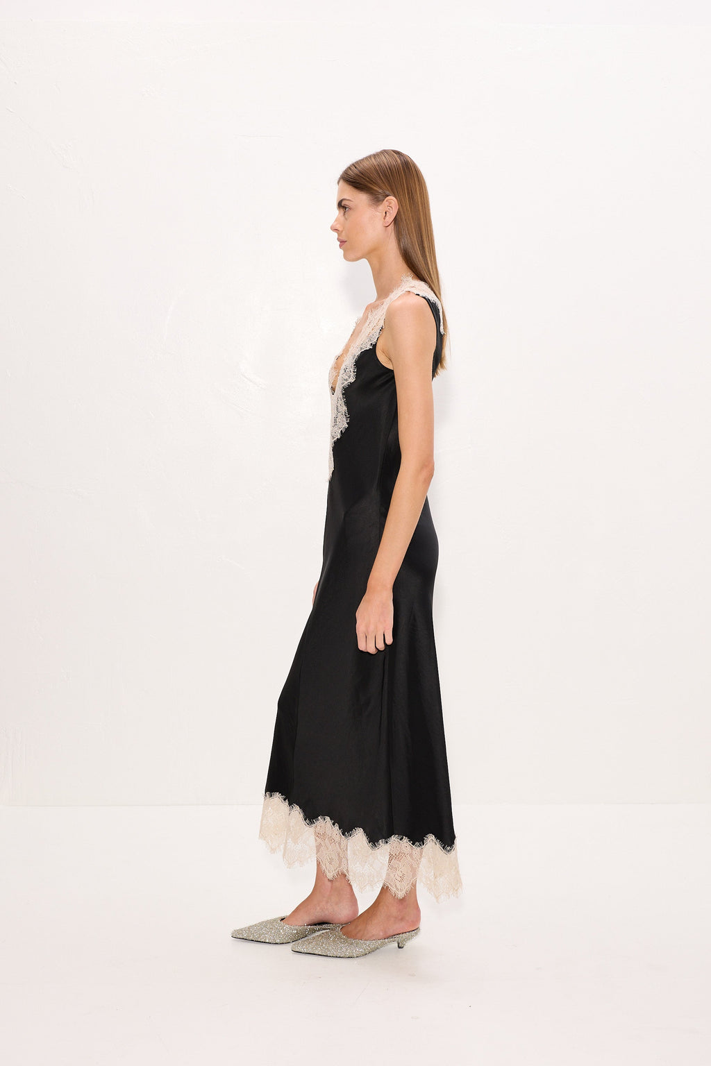 Simon Miller Bea Satin Lace Midi Dress - Black
