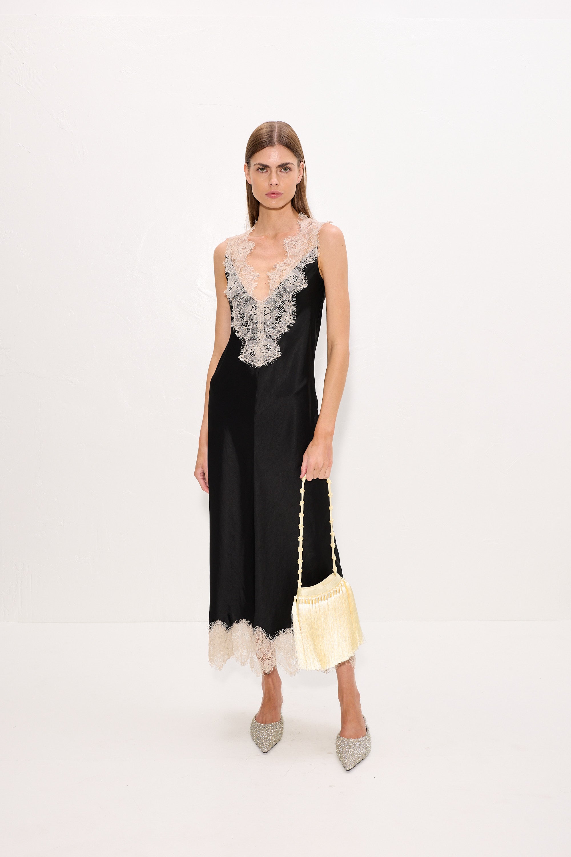Simon Miller Bea Satin Lace Midi Dress - Black