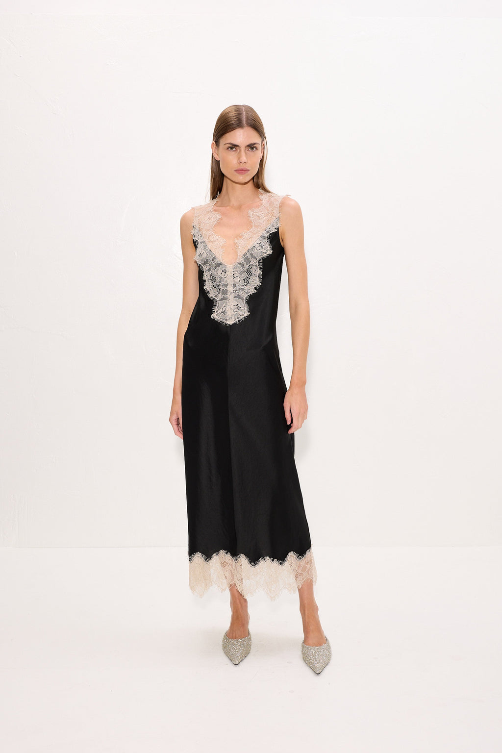 Simon Miller Bea Satin Lace Midi Dress - Black