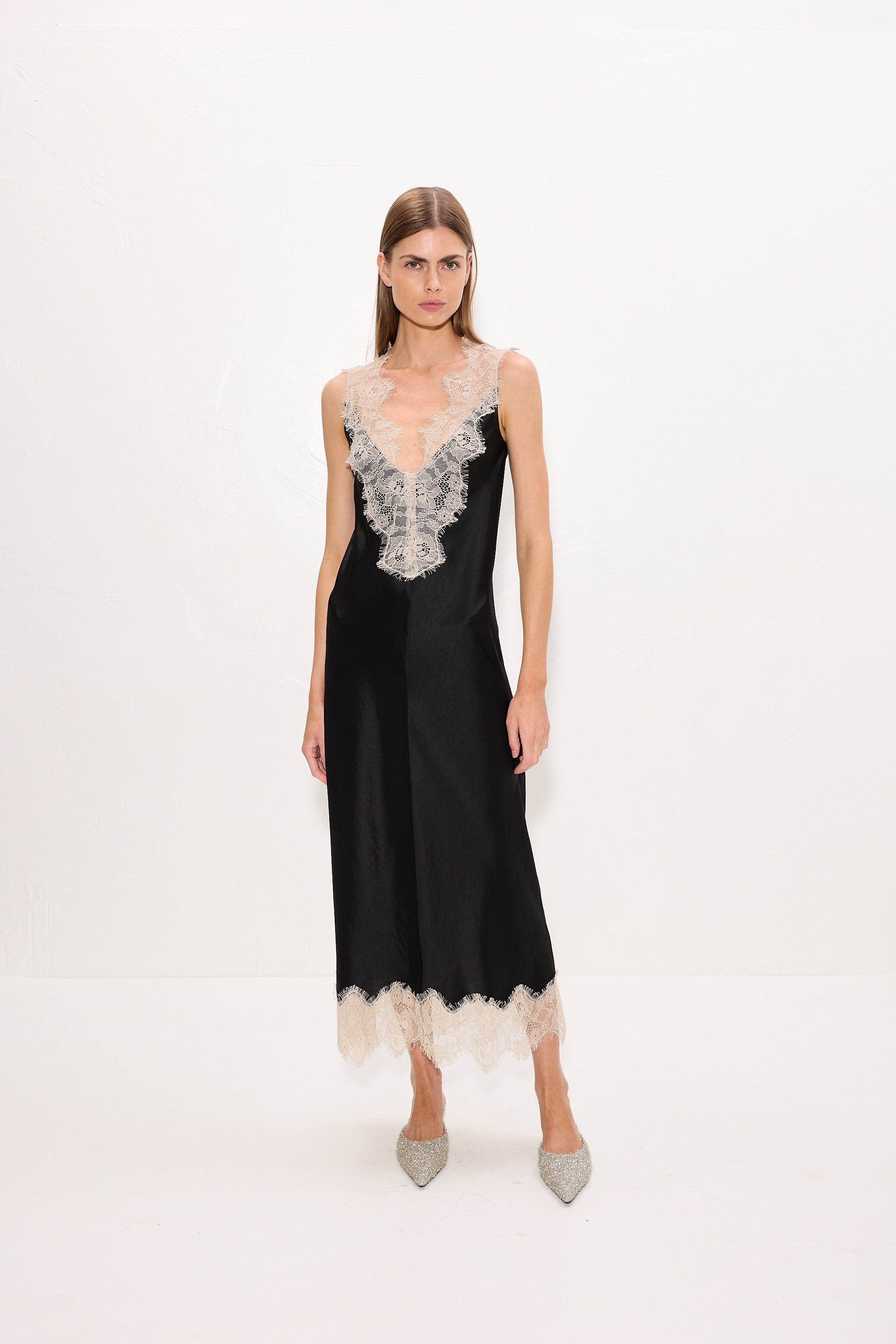 Simon Miller Bea Satin Lace Midi Dress - Black