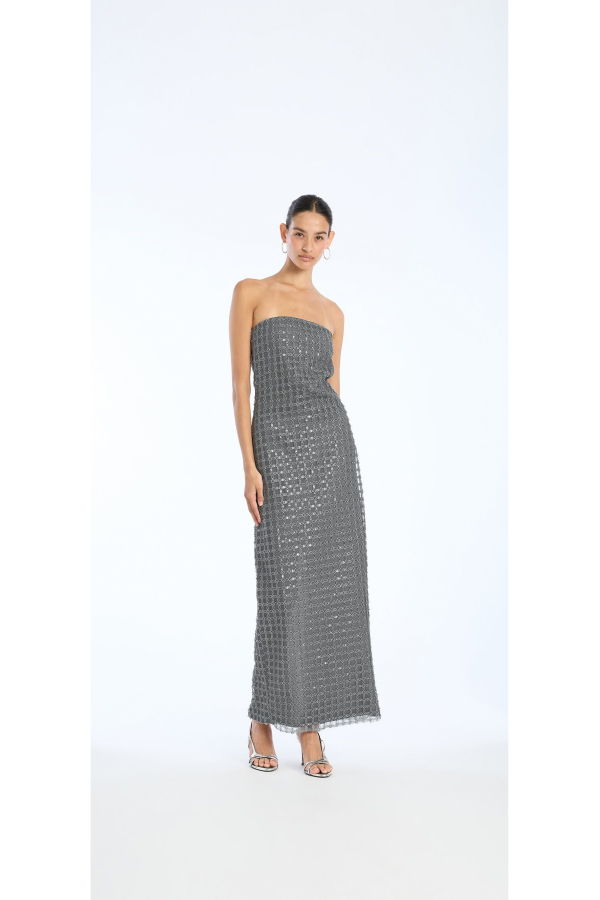 ROTATE Birger Christensen Beaded Maxi Tube Dress - Castor Gray