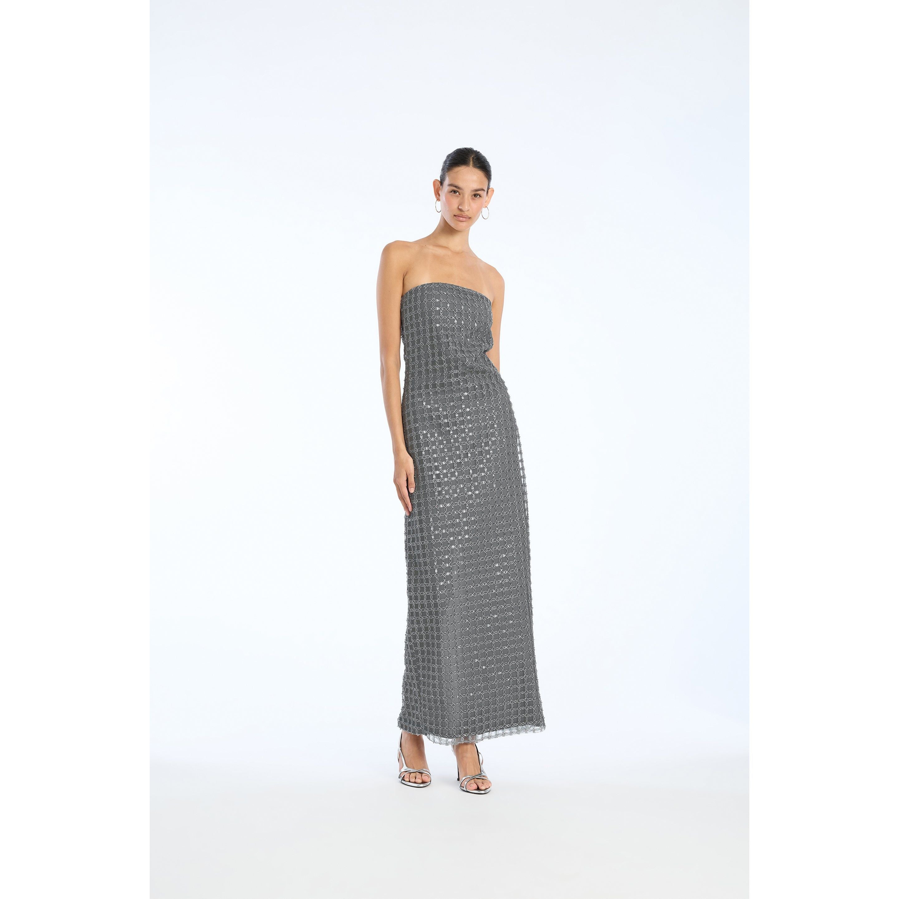 ROTATE Birger Christensen Beaded Maxi Tube Dress - Castor Gray