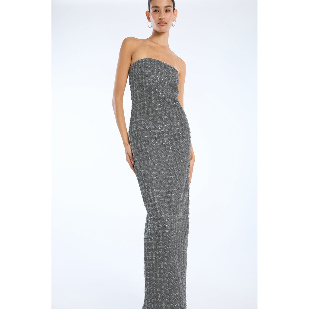 ROTATE Birger Christensen Beaded Maxi Tube Dress - Castor Gray
