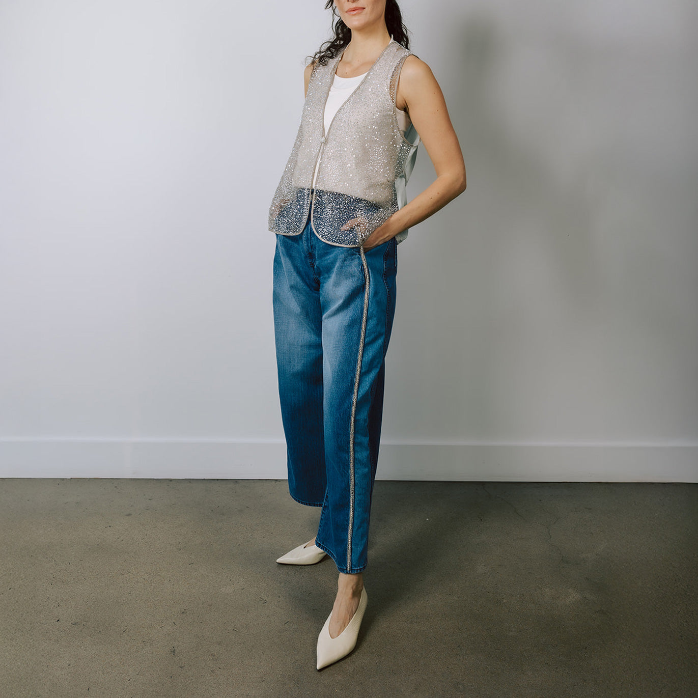 Leur Logette Beads Lace Embroidery Vest - Silver