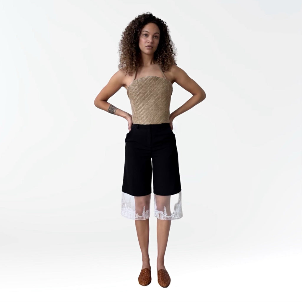London Atelier Byproduct Black Wide Leg Capri Trousers with Embroidery Lace