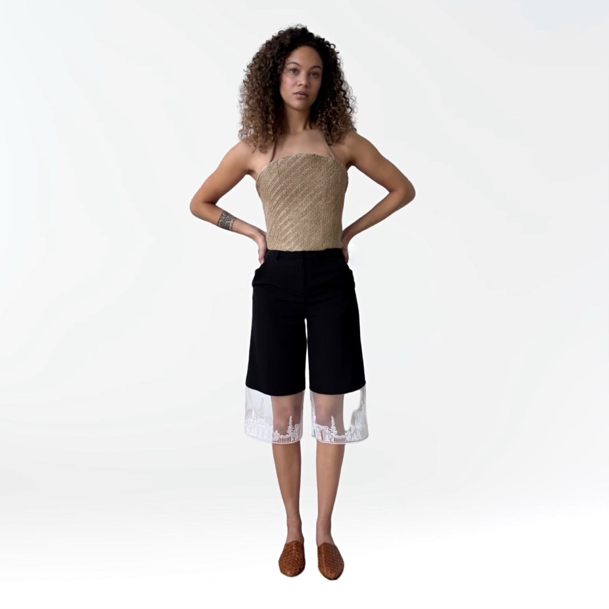 London Atelier Byproduct Black Wide Leg Capri Trousers with Embroidery Lace