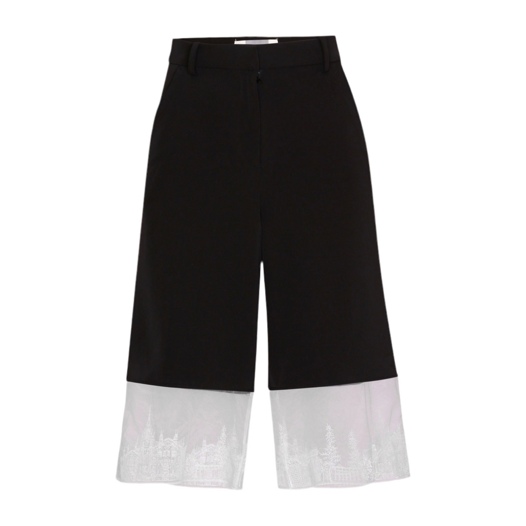 London Atelier Byproduct Black Wide Leg Capri Trousers with Embroidery Lace