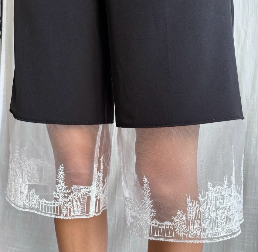London Atelier Byproduct Black Wide Leg Capri Trousers with Embroidery Lace