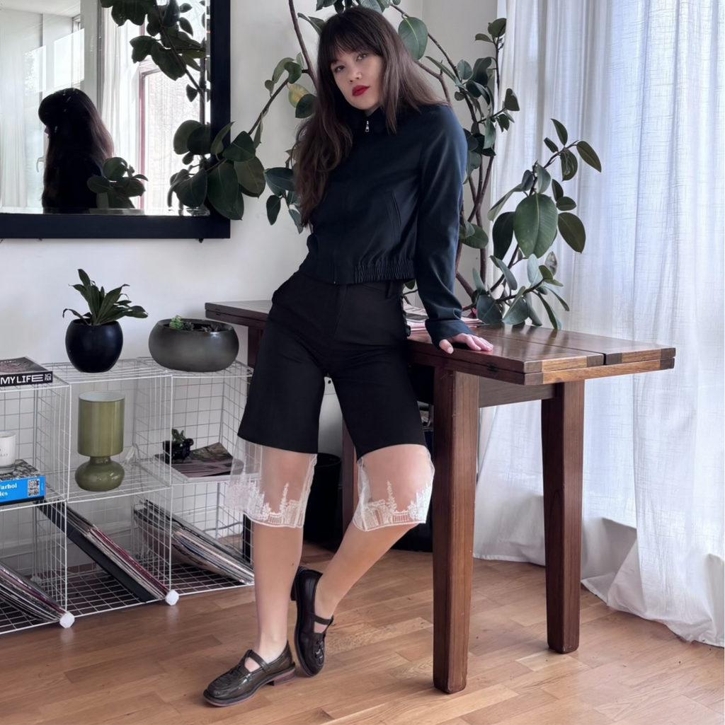 London Atelier Byproduct Black Wide Leg Capri Trousers with Embroidery Lace