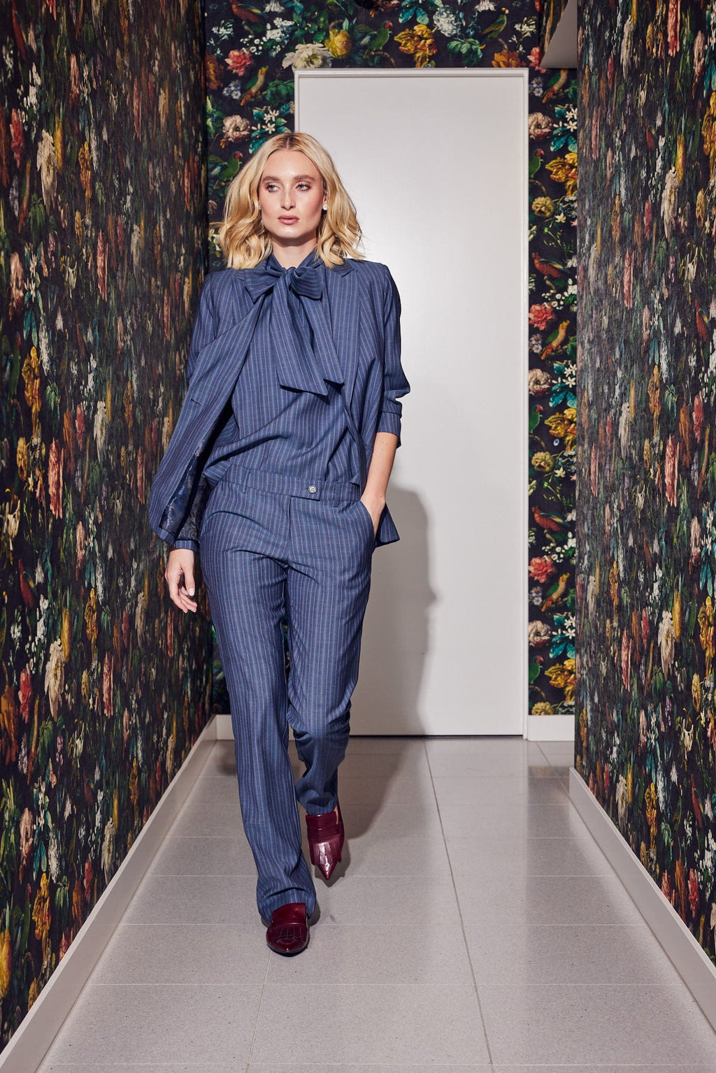 Lindsay Nicholas New York Bow Blouse - Steel Blue Pinstripe