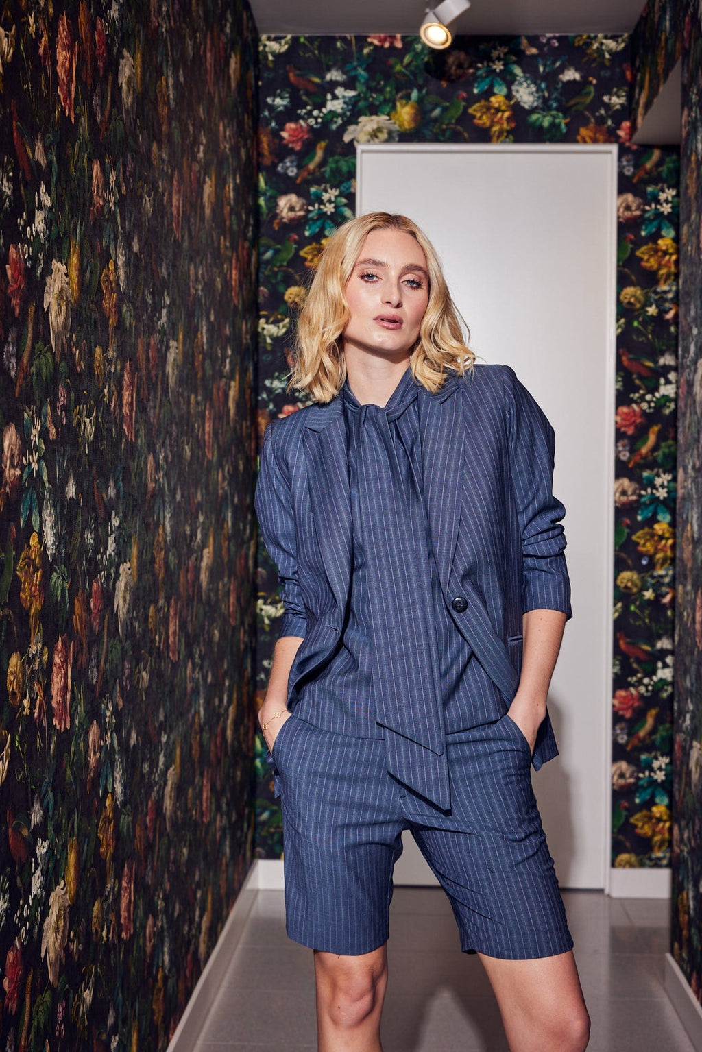 Lindsay Nicholas New York Bow Blouse - Steel Blue Pinstripe