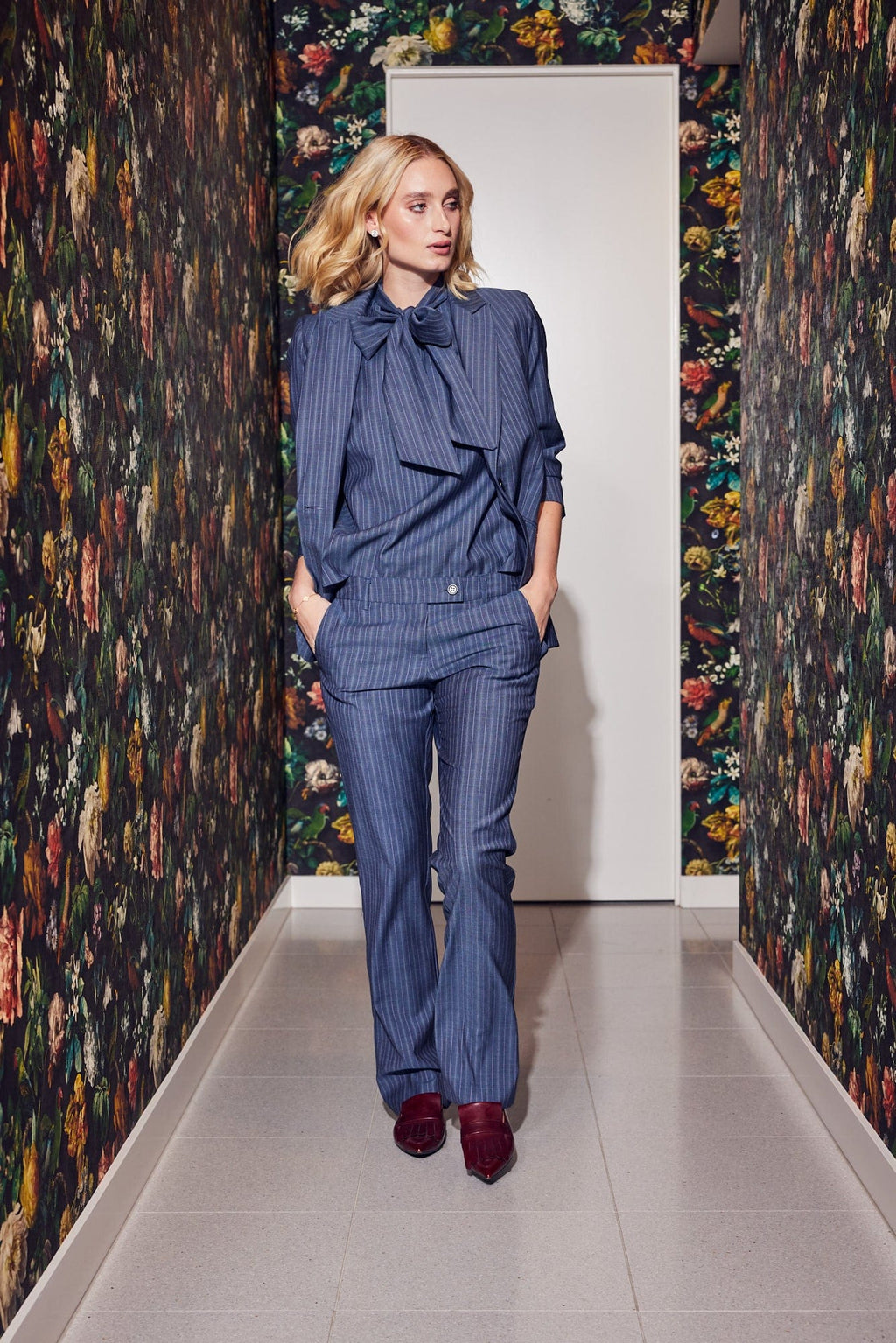 Lindsay Nicholas New York Bow Blouse - Steel Blue Pinstripe