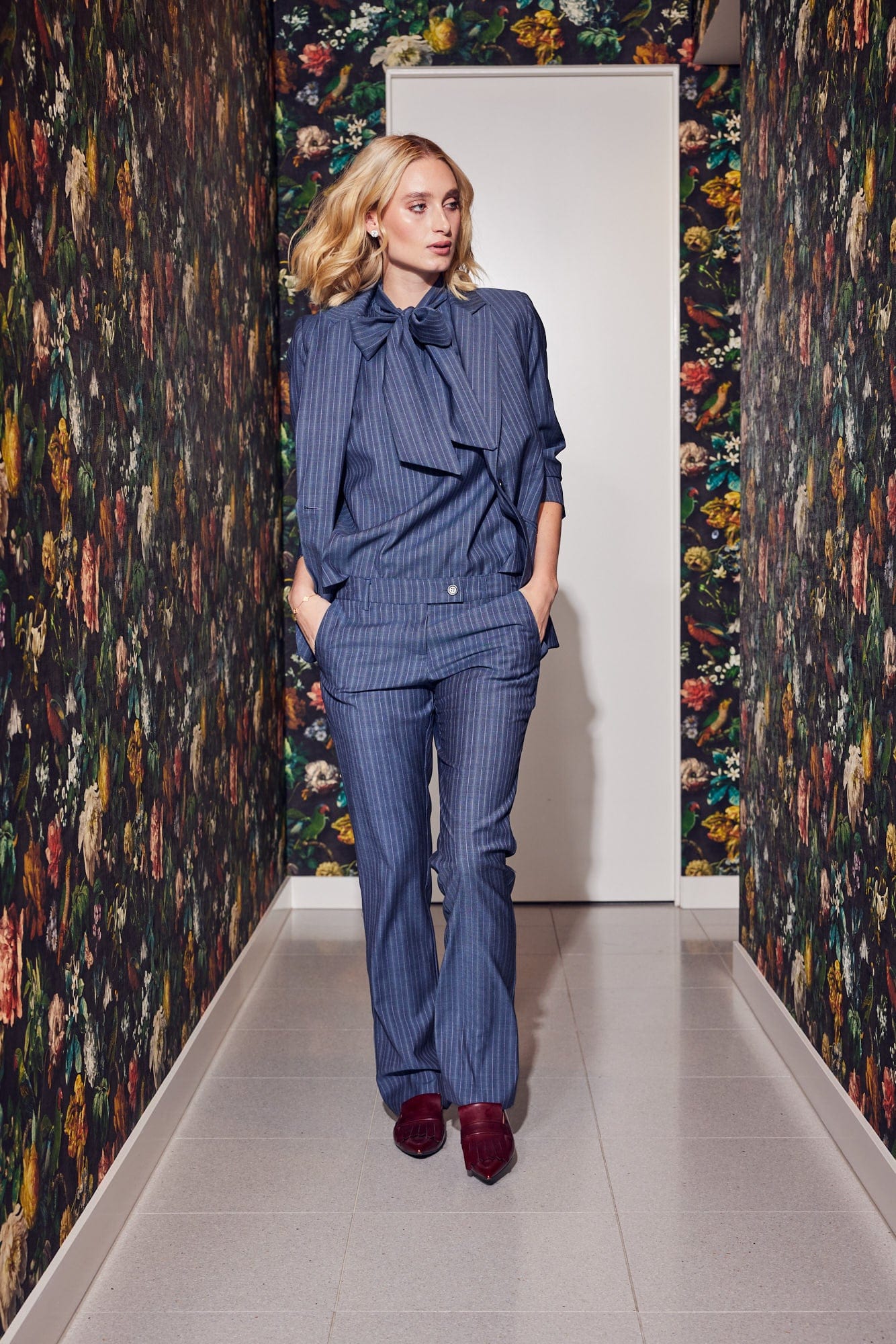 Lindsay Nicholas New York Bow Blouse - Steel Blue Pinstripe