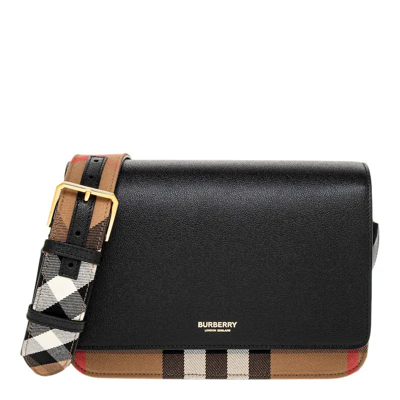 Burberry Mackford Leather Flip Check Shoulder Bag - Black