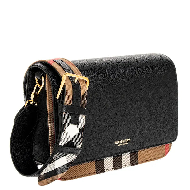 Burberry Mackford Leather Flip Check Shoulder Bag - Black