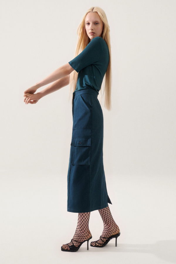 Silk Laundry Canvas Cargo Skirt - Teal