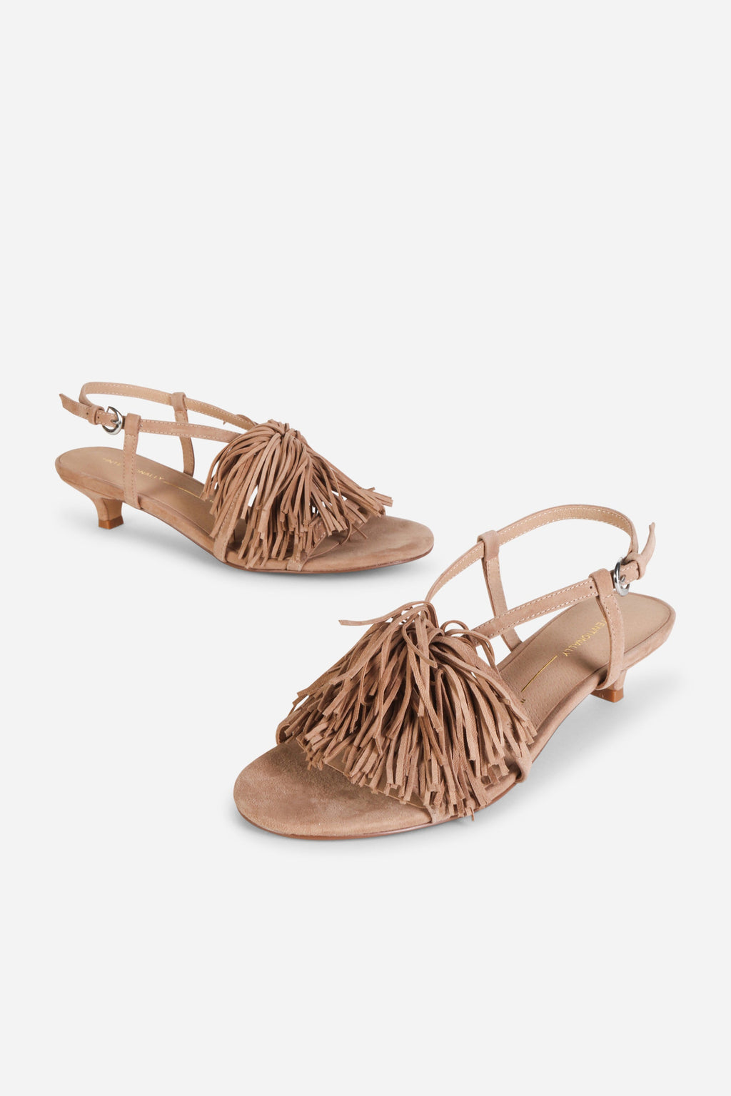 INTENTIONALLY __________. Chaperone Fringe Kitten Heel Sandals