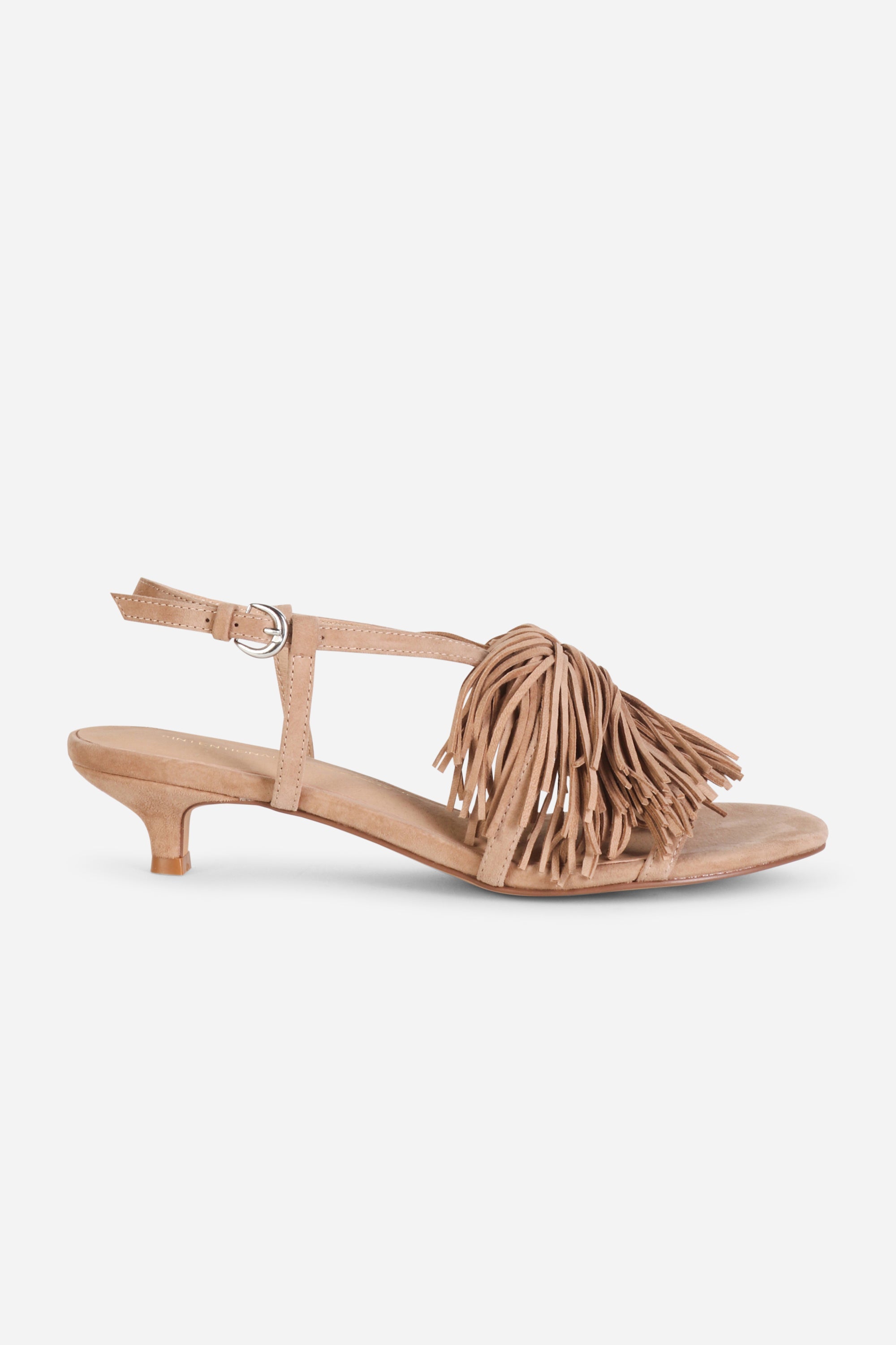 INTENTIONALLY __________. Chaperone Fringe Kitten Heel Sandals