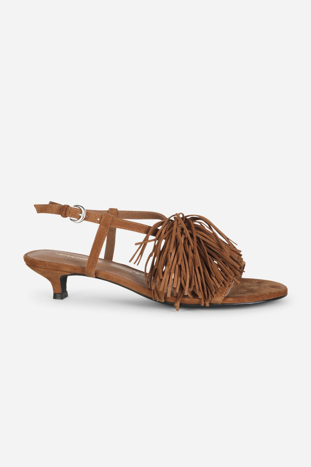 INTENTIONALLY __________. Chaperone Fringe Kitten Heel Sandals