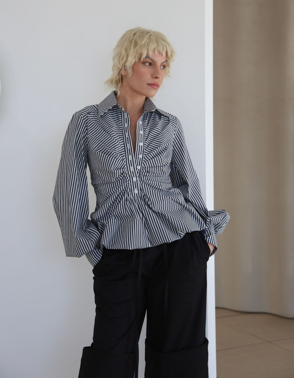 MAET Chlea Striped Shirt - White/Dark Grey Stripes