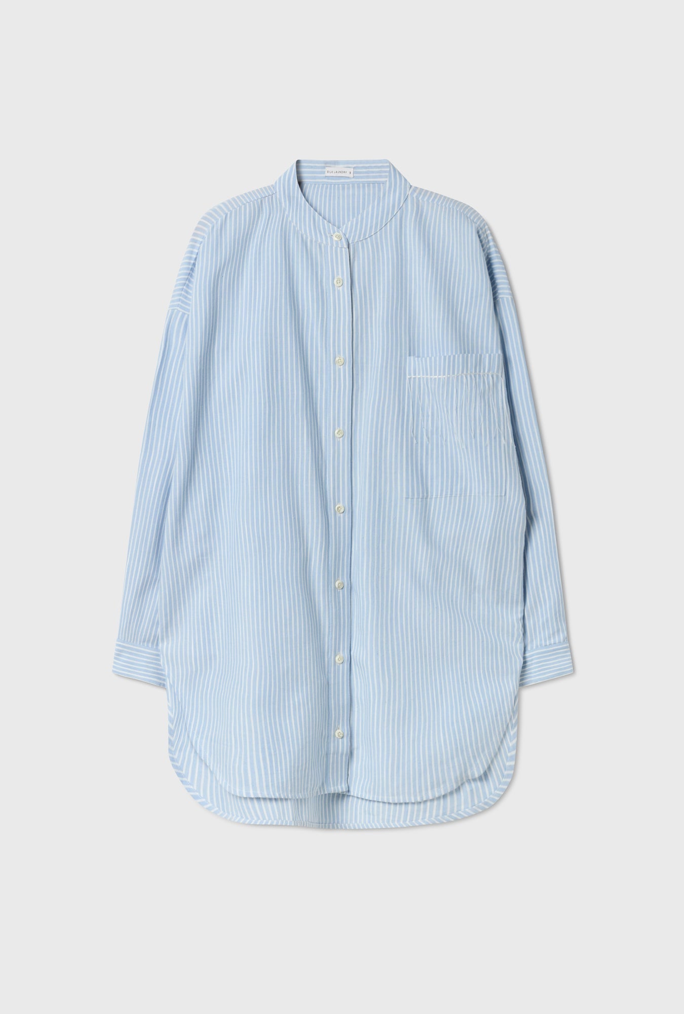 Silk Laundry Cotton Collarless Round Shirt - Storm Stripe