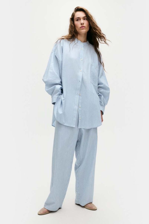 Silk Laundry Cotton Collarless Round Shirt - Storm Stripe
