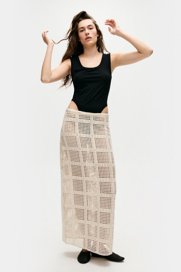Silk Laundry Cotton Grid Long Skirt - Natural