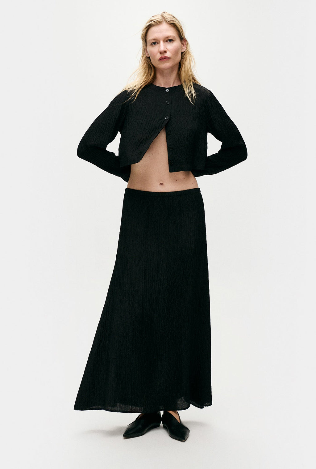 Silk Laundry Crinkle Long Bias Cut Skirt - Black