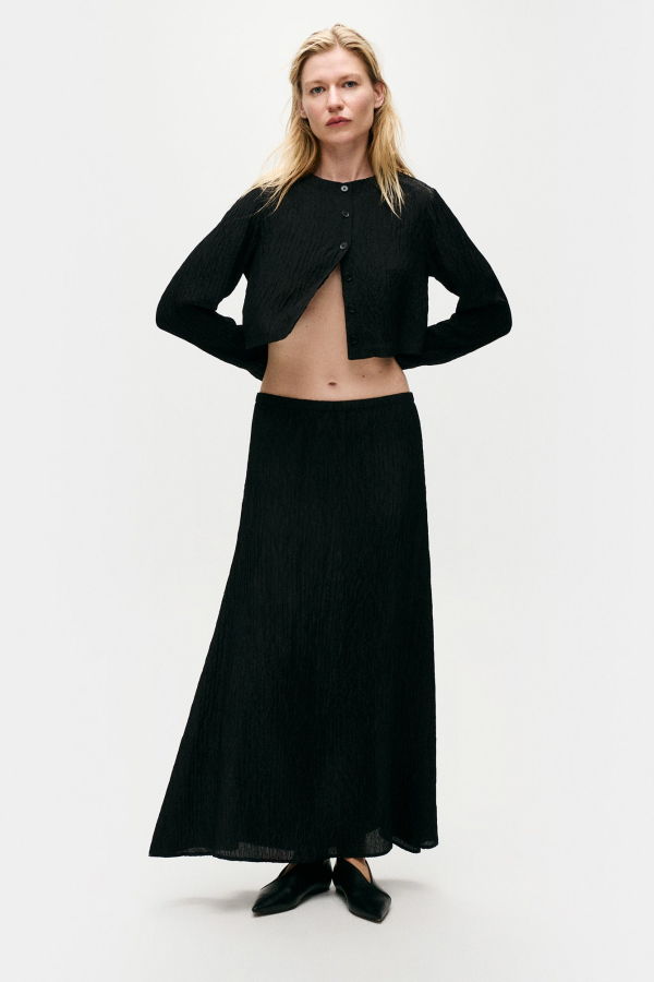 Silk Laundry Crinkle Long Bias Cut Skirt - Black