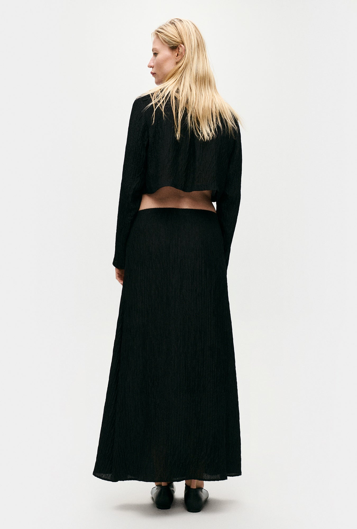 Silk Laundry Crinkle Long Bias Cut Skirt - Black