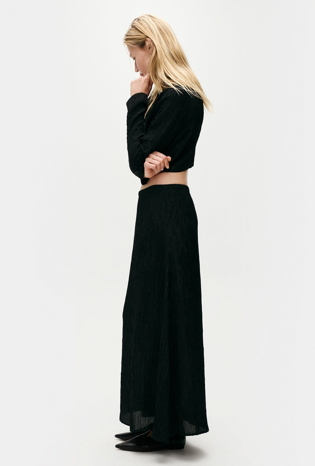 Silk Laundry Crinkle Long Bias Cut Skirt - Black