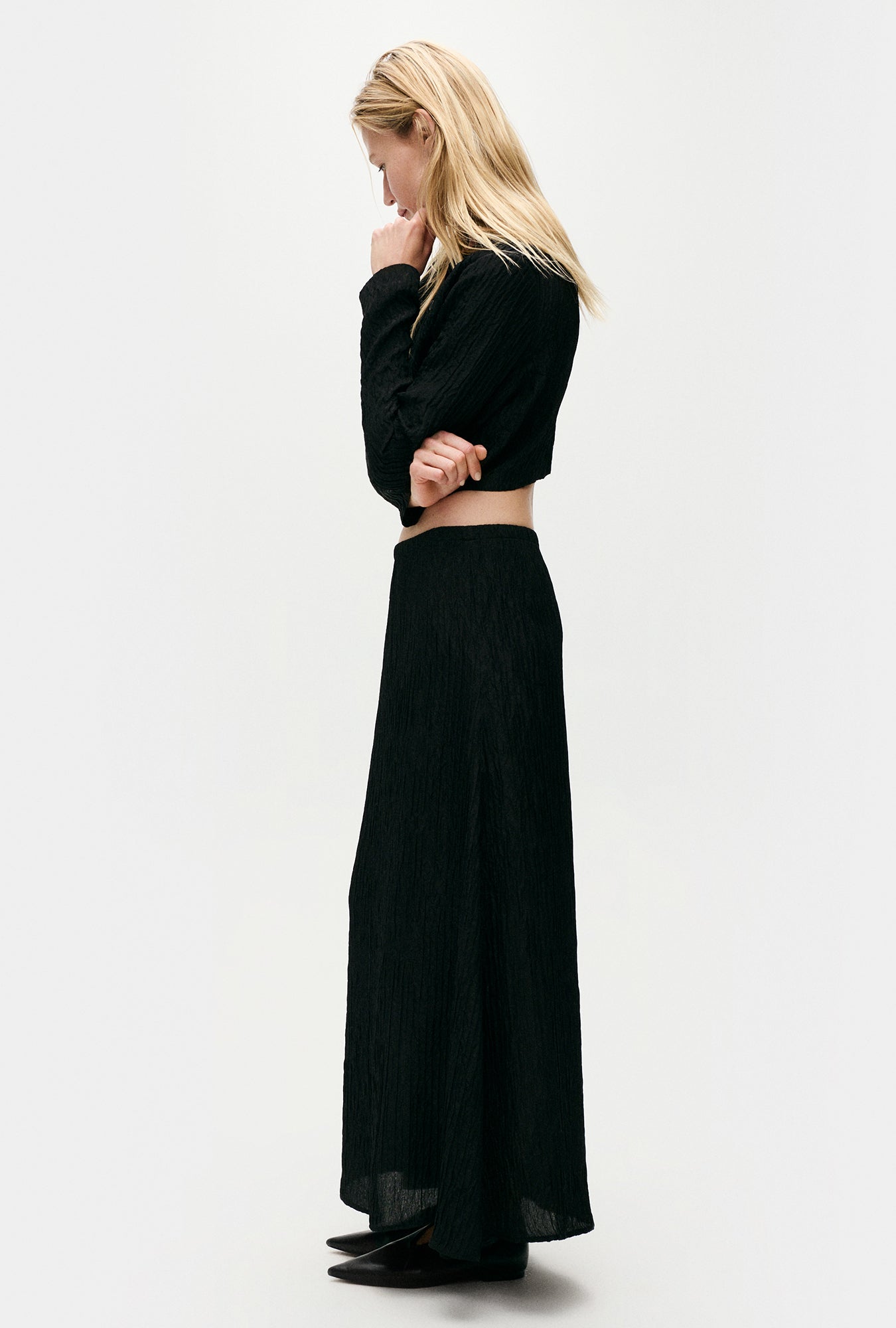 Silk Laundry Crinkle Long Bias Cut Skirt - Black