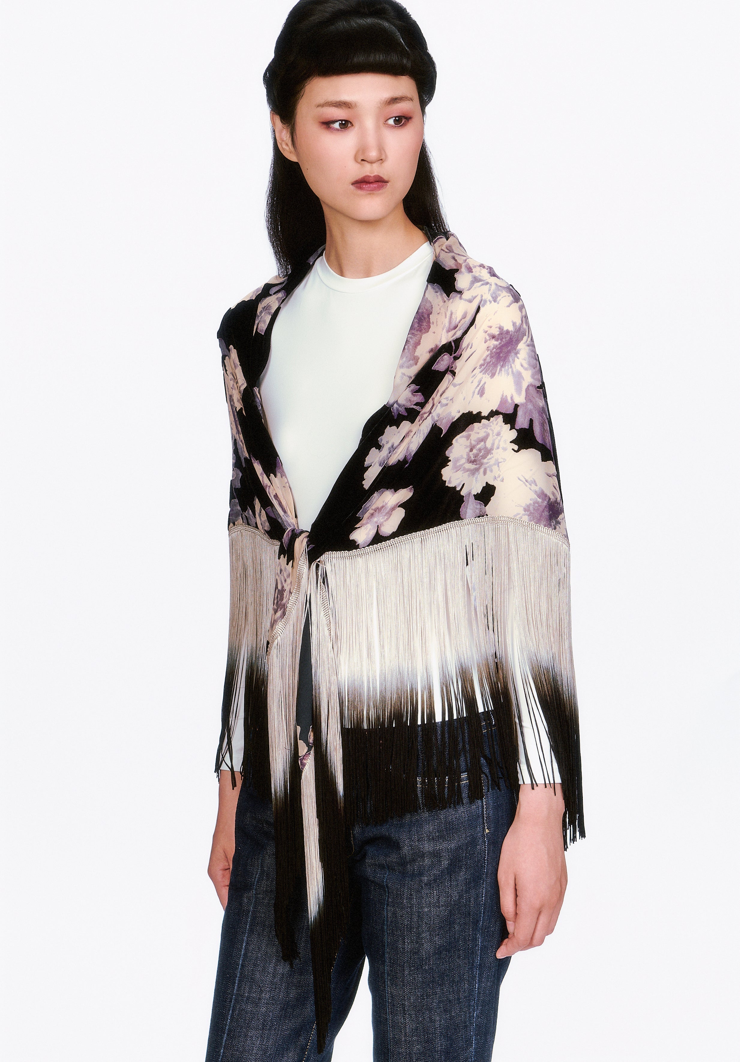 Anna Sui Cabbage Rose Devoré Fringe Shawl